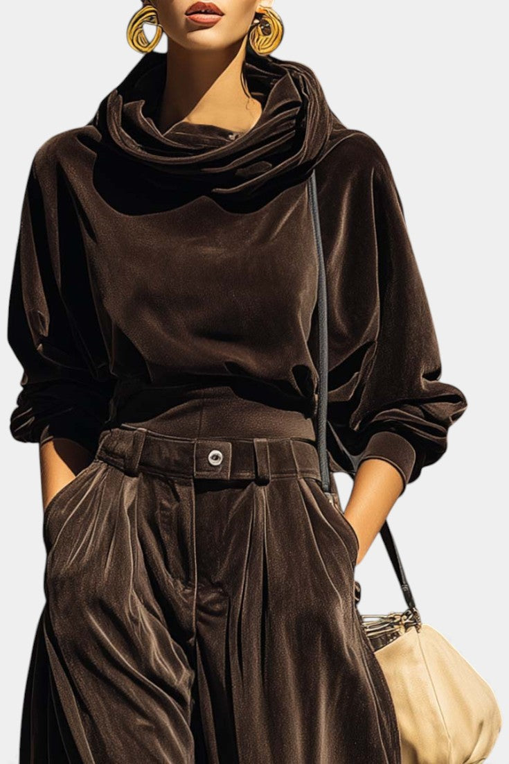 Riana Vintage Brown Velvet Hooded Ensemble with Relaxed Pants