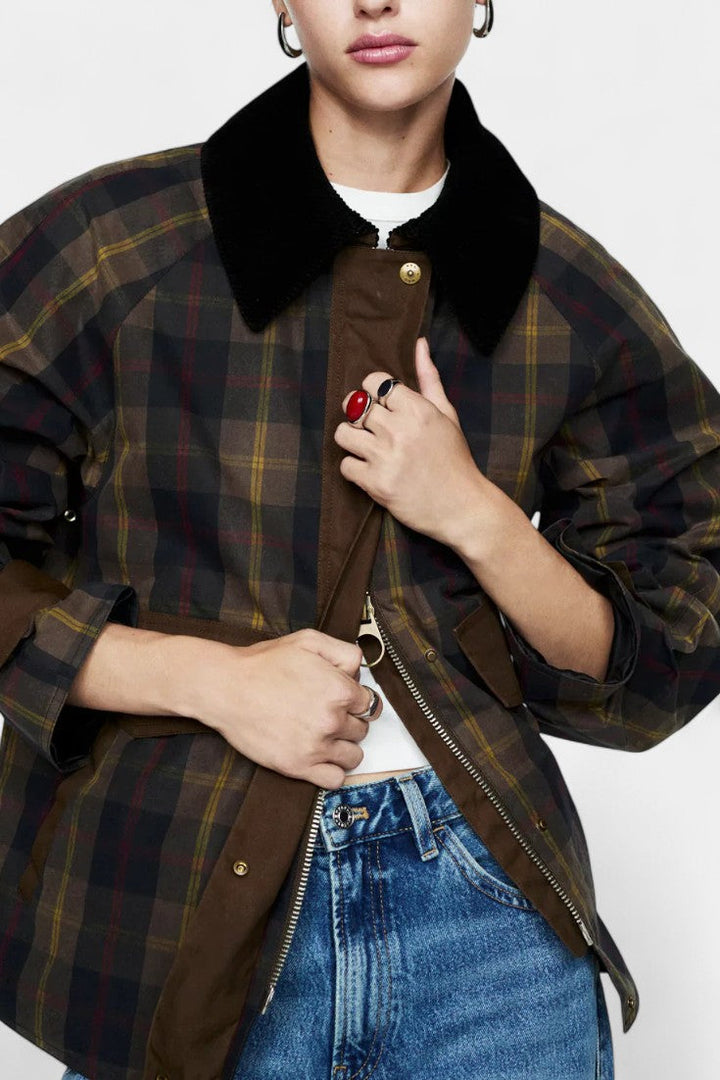 Checkered Print Ausra Straight Jacket with Contrasting Collar