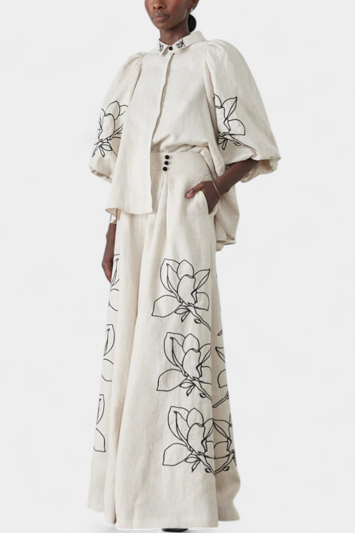 Helen Puff Sleeve Blouse & Wide-Leg Floral Linen Pants Set