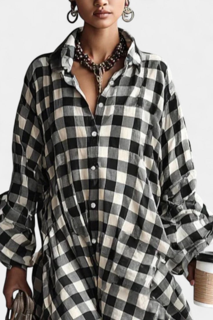 Fluid Cut Jett Black and White Checkered Shirt Dress