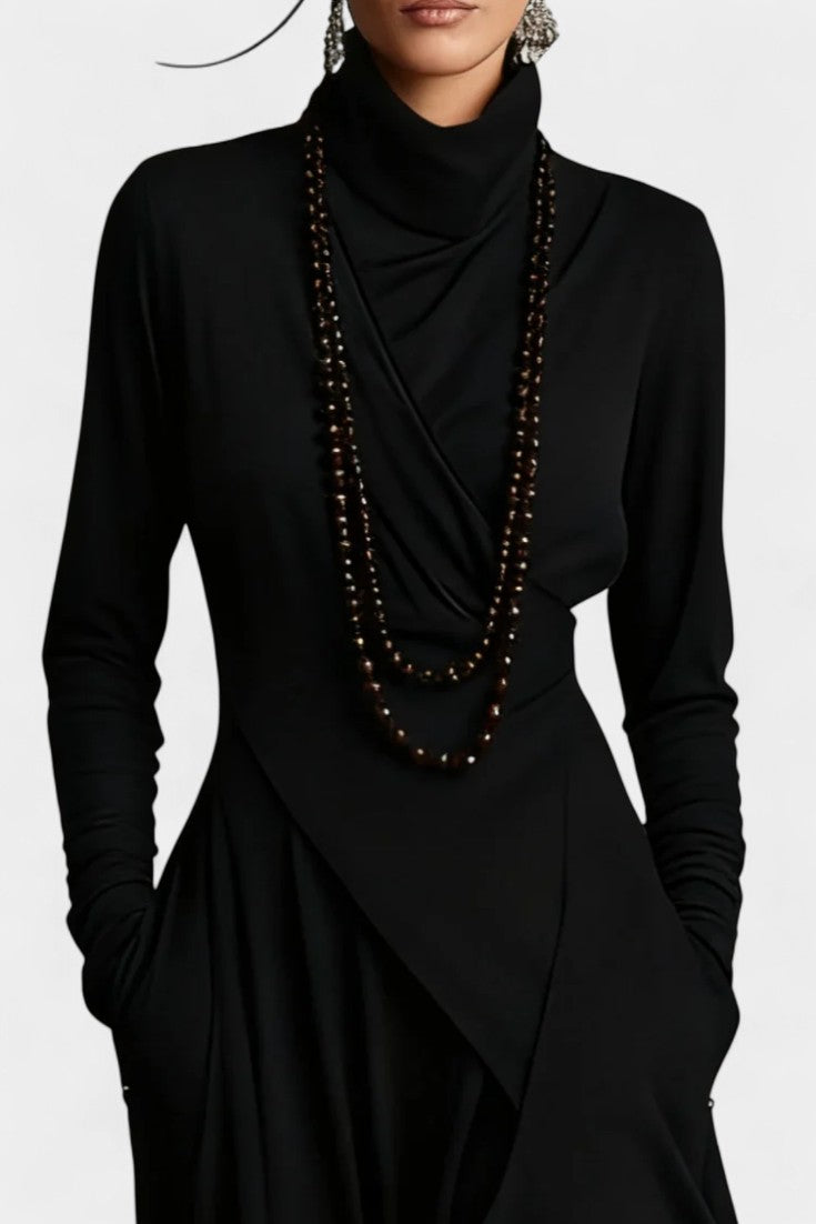 Ébeline High Neck Asymmetrical Pleated Maxi Dress