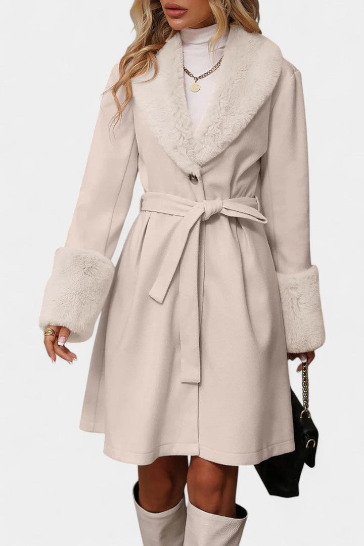 Colombine Trapeze Coat with Belt and Faux Fur Accents