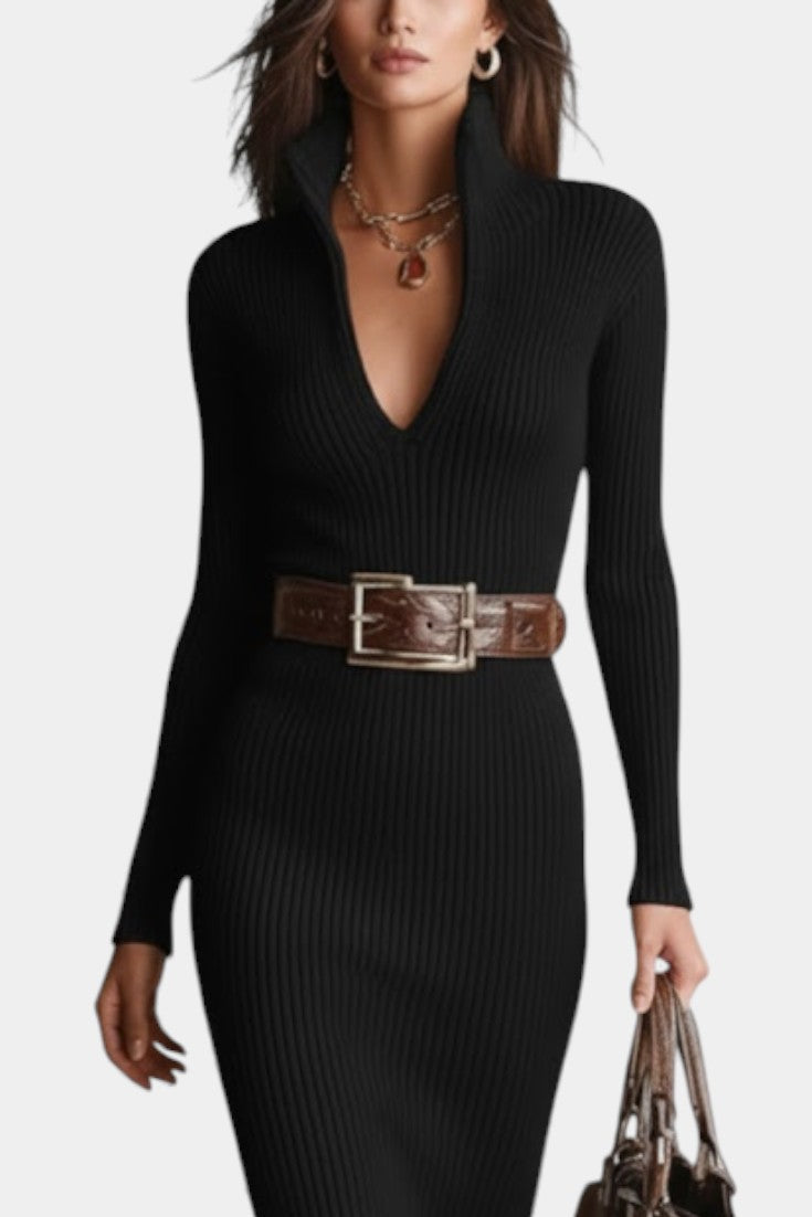 Susana Fitted Midi Knit Dress with Half-Roll Collar and V-Neck - Beltless Design