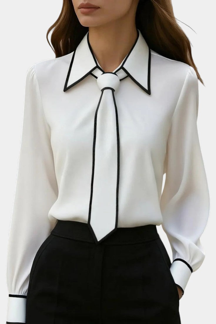 Ivory Maurine Blouse with Knotted Collar and Contrasting Details