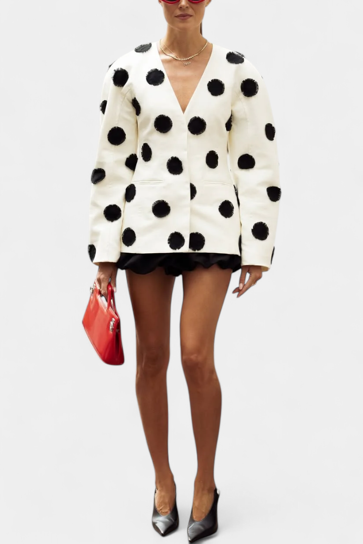 Clara Tailored White Blazer with Puff Dot Texture