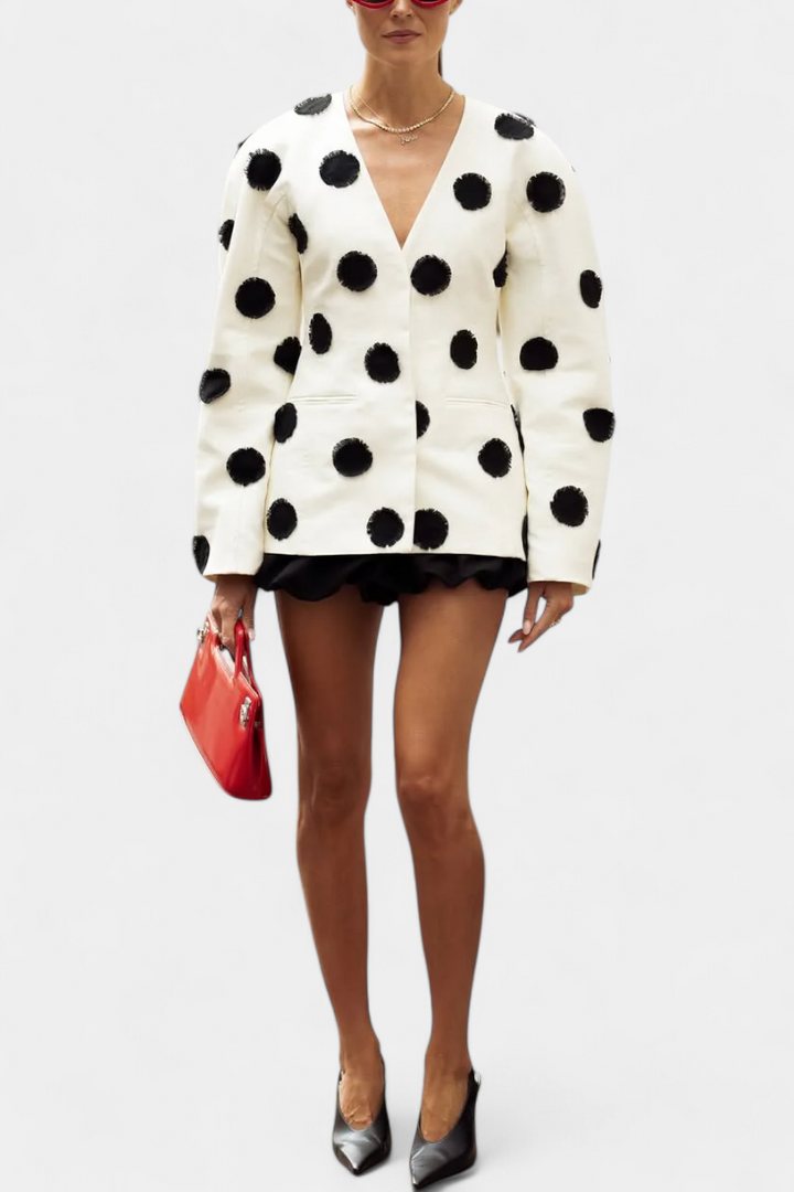 Clara Tailored White Blazer with Puff Dot Texture