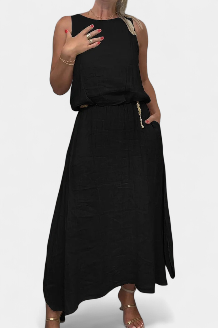 Meliora Linen-Cotton Set with Sleeveless Vest and Maxi Skirt