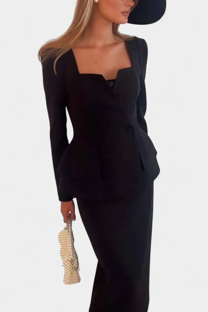 Ediline Blazer Set with Square Collar and Flowing Long Skirt