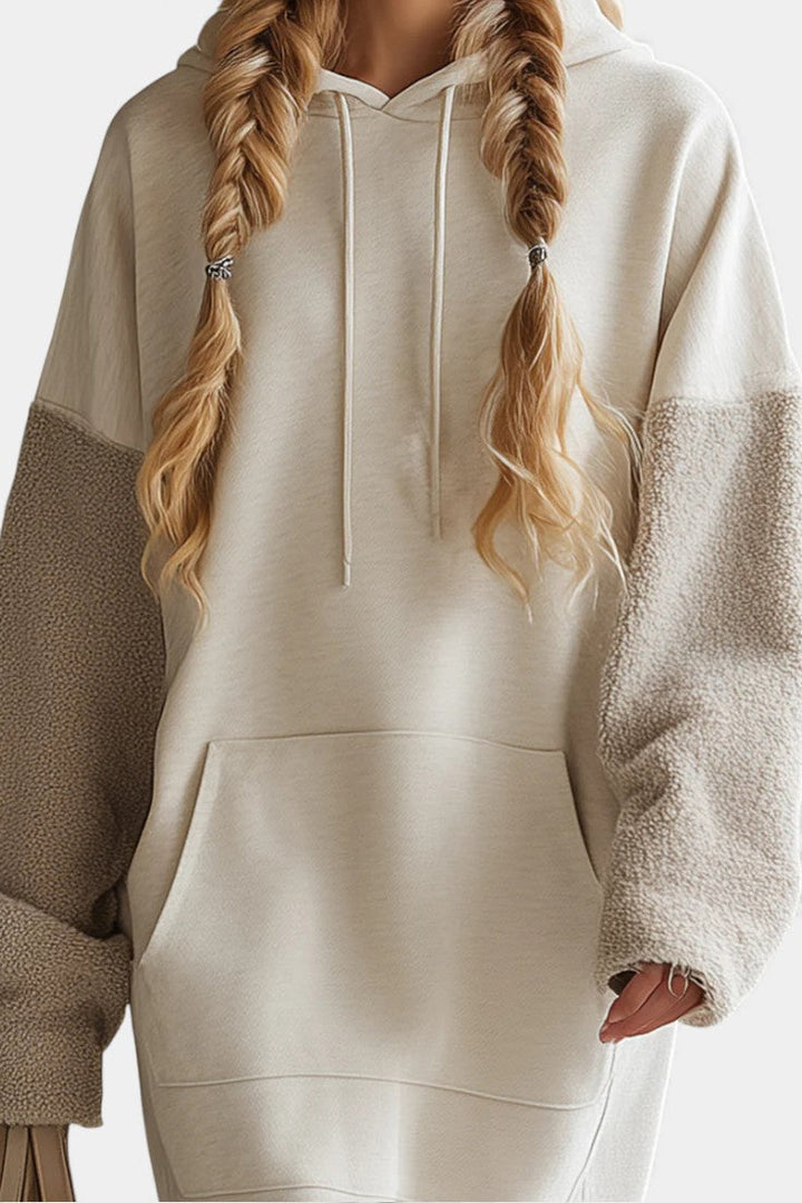 Ivayla Beige Hooded Midi Sweatshirt Dress in Fleece