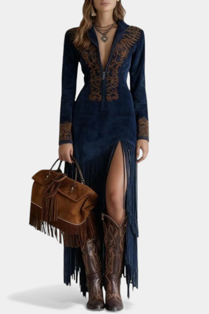 Embroidered Synthetic Suede Lieselotte Maxi Dress with Zippered Collar