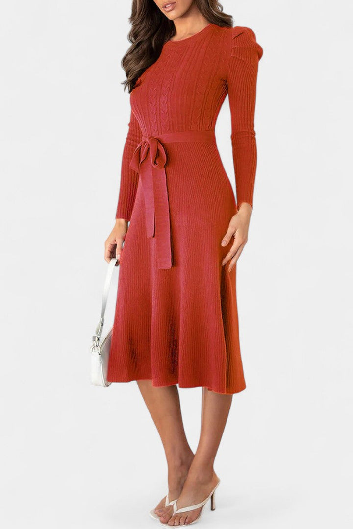 Évoria Puff Sleeve Knitted Midi Dress with Lace Accents