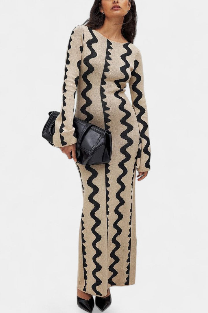 Maphie Long Sleeve Knit Dress with Geometric Pattern