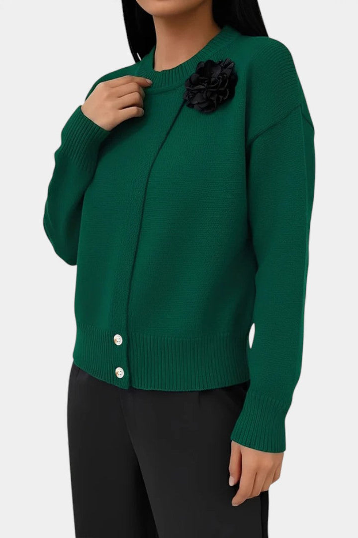 Carole Solid Color Knitted Sweater with Button Accents and Floral Embellishments