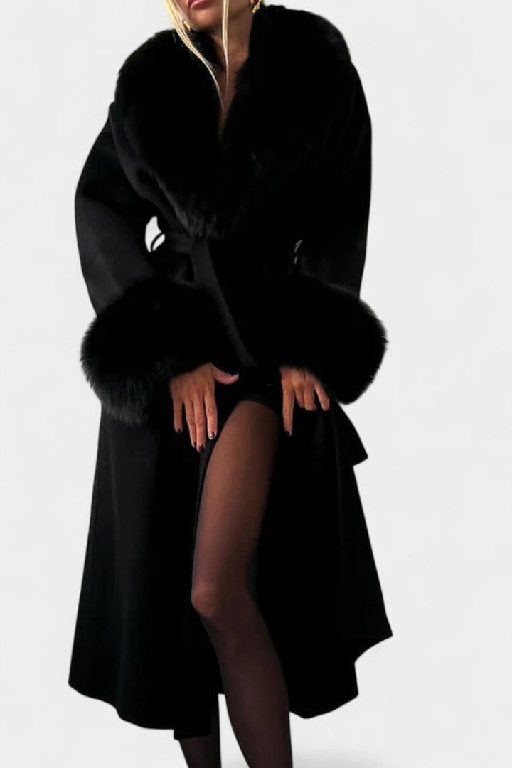 Lalie Long Coat with Belt and Faux Fur Trim