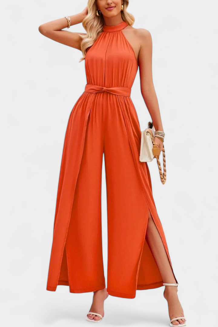 Asymmetrical One-Shoulder Jumpsuit with Bow Accent by Nyree