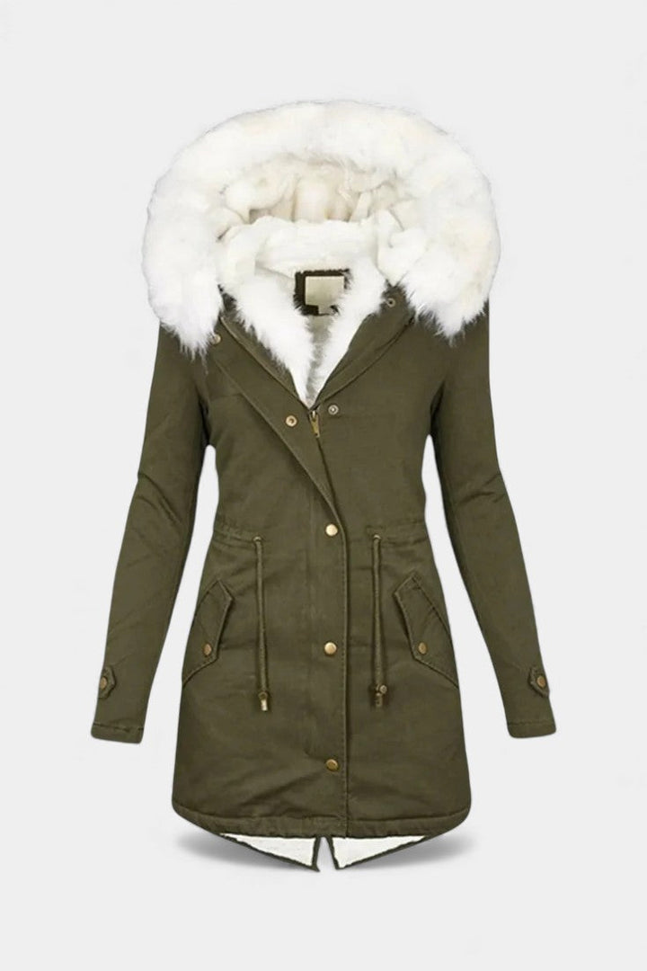 Lanra Faux Fur Trim Hooded Winter Parka with Belt