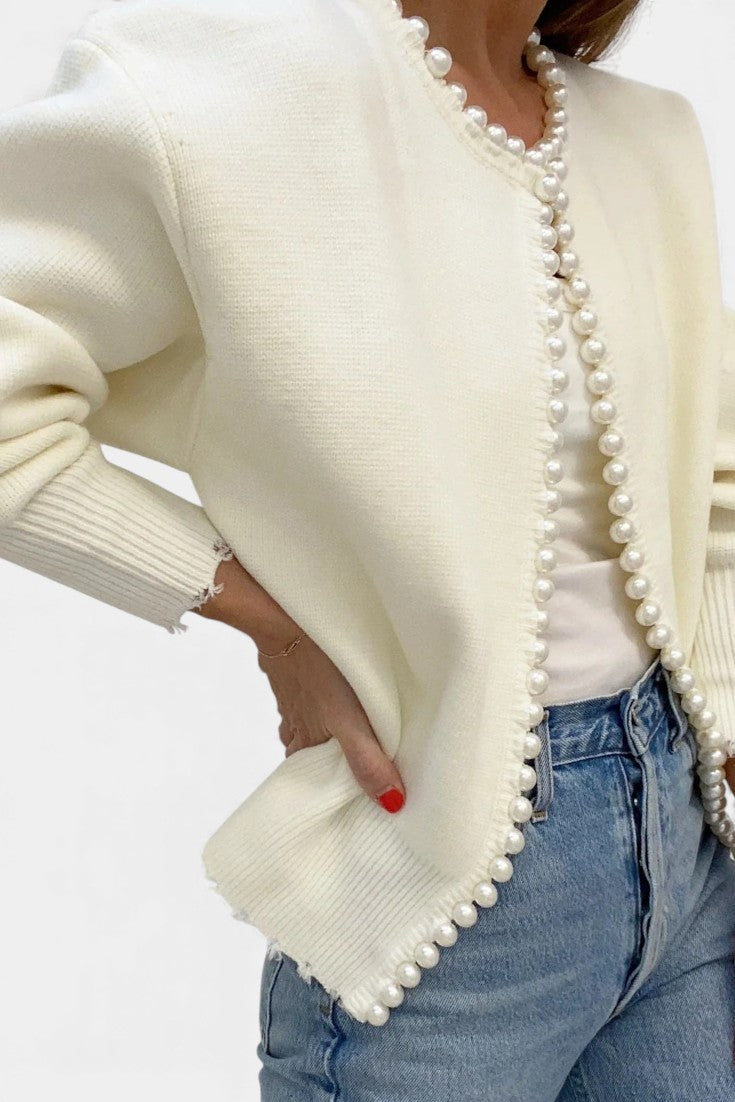 Beaded Edge Knit Cardigan with Frayed Hem by Prisette