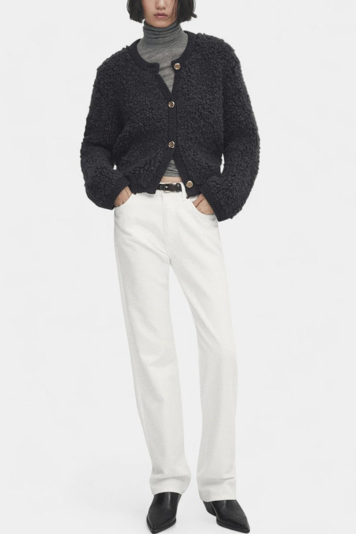 Chenda Button-Up Plush Cardigan with Ribbed Accents