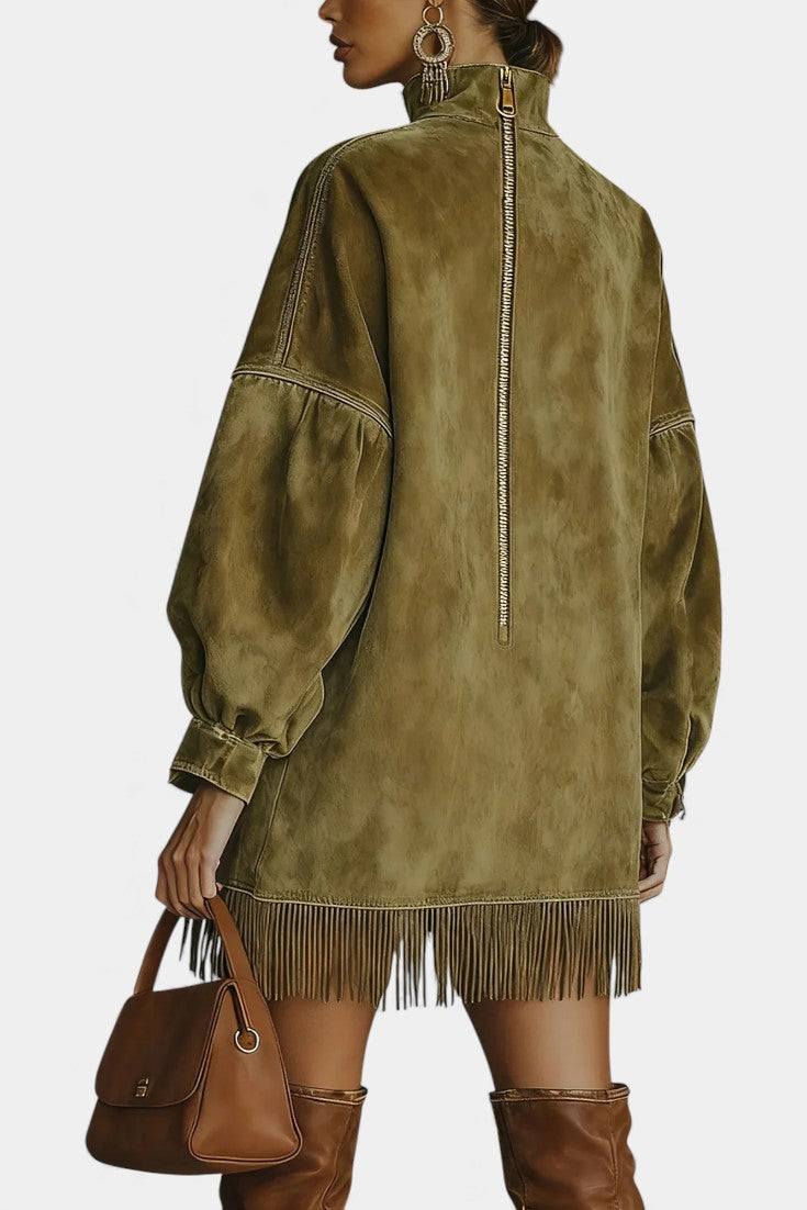 Élanaïs Oversized Suede Dress Featuring Fringed Hem