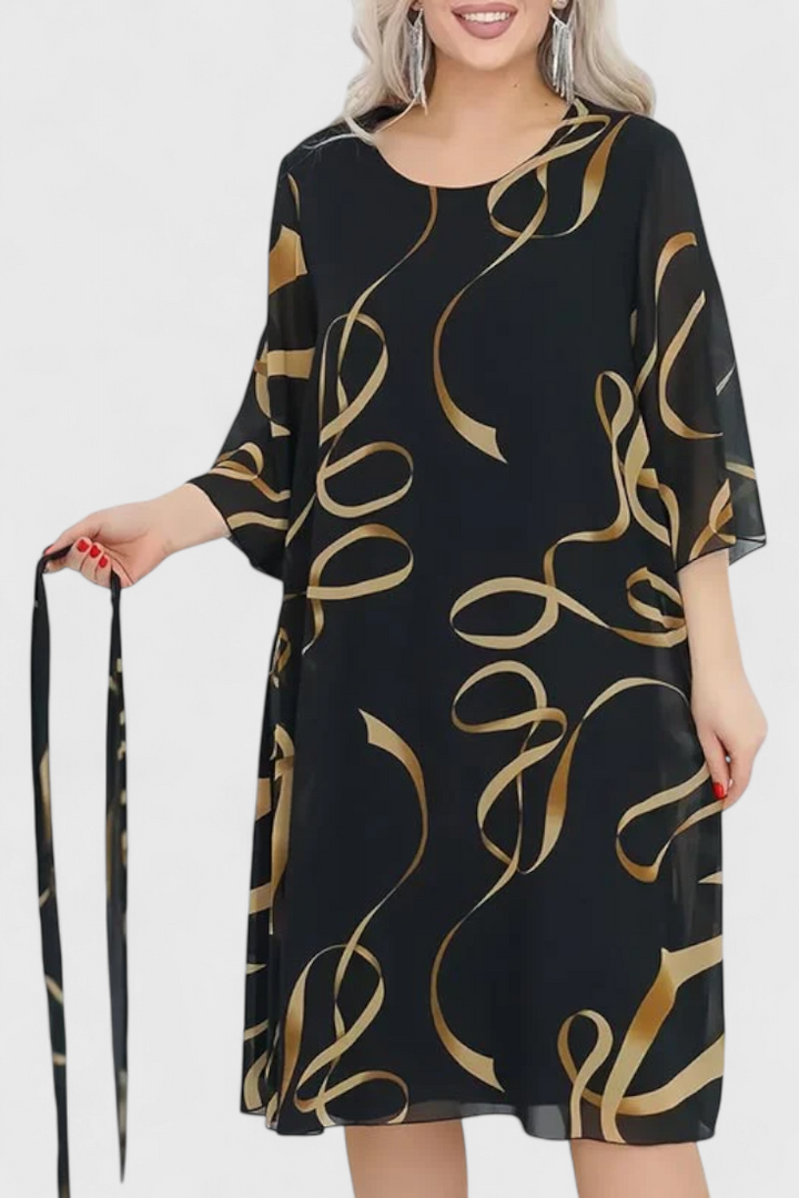 Abstract Print Midi Dress with Adjustable Belt by Ame