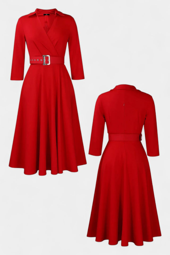 Constance Tailored Collar Midi Dress with 3/4 Sleeves and Belt