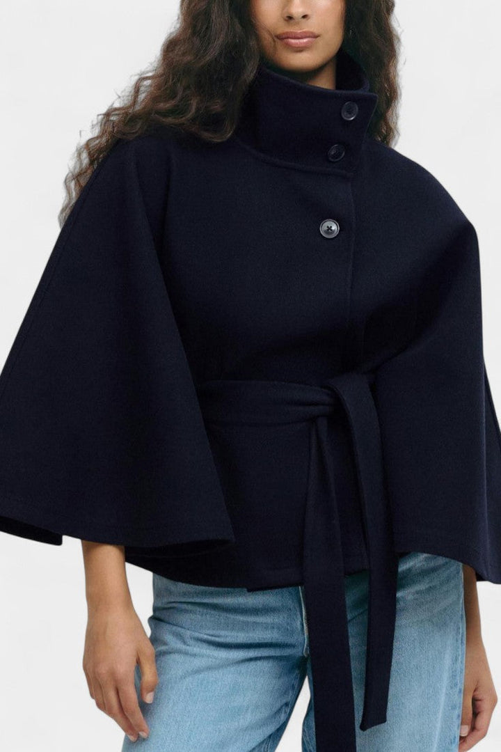High-Collar Silke Wool Cape Coat with Belted Waist