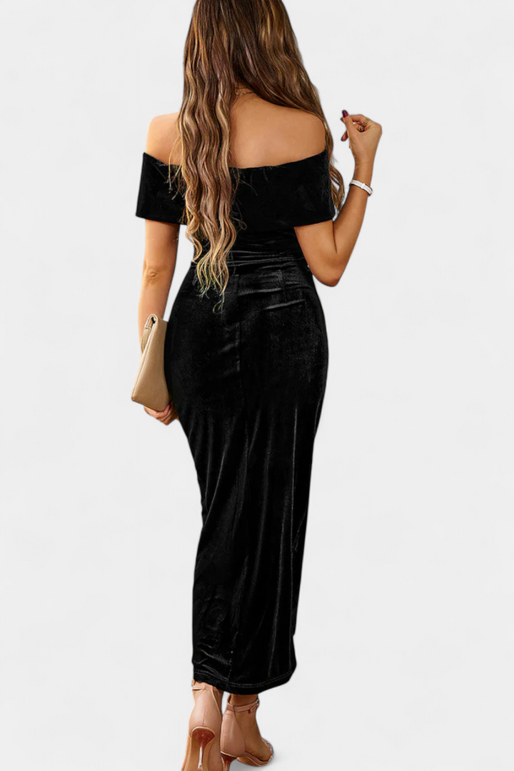 Geneviève Off-Shoulder Midi Velvet Dress with Side Slit