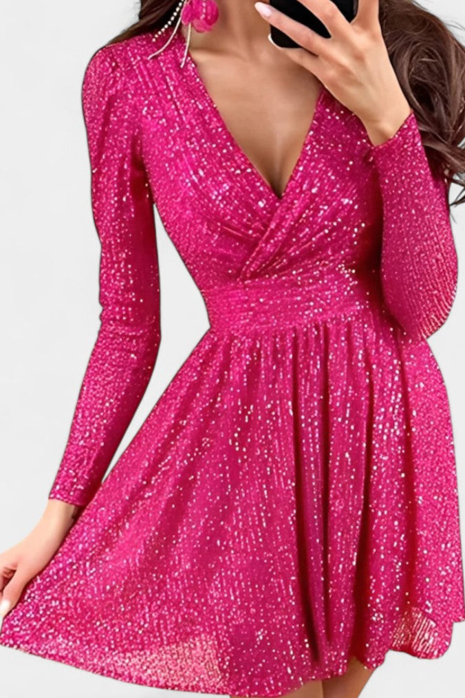 Thaïs V-Neck Long Sequin Dress with Elegant Long Sleeves