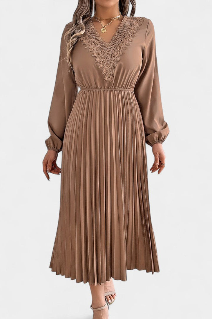 Séverine V-Neck Lace Dress with Long Puff Sleeves and Pleated Design
