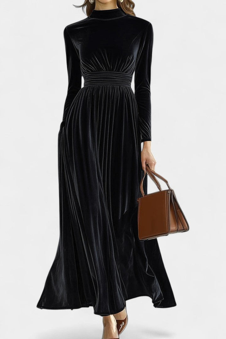 Doryane High-Collar Velvet Maxi Dress with Long Sleeves