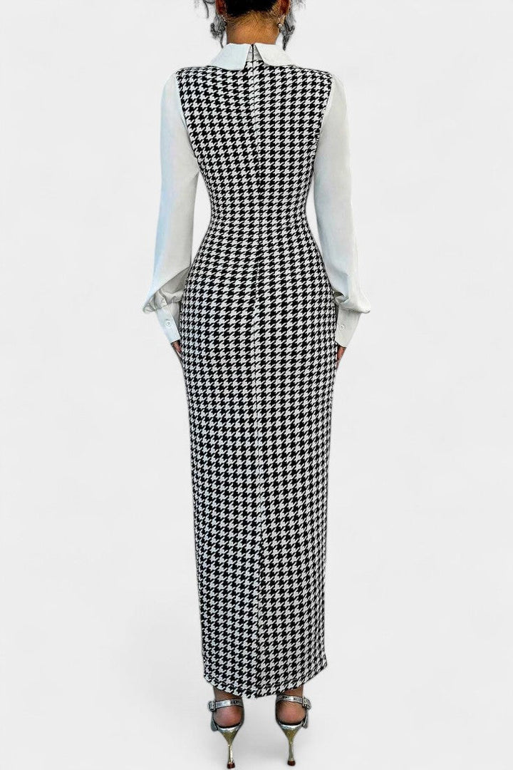 Houndstooth Print Claire Maxi Dress with Puff Sleeves
