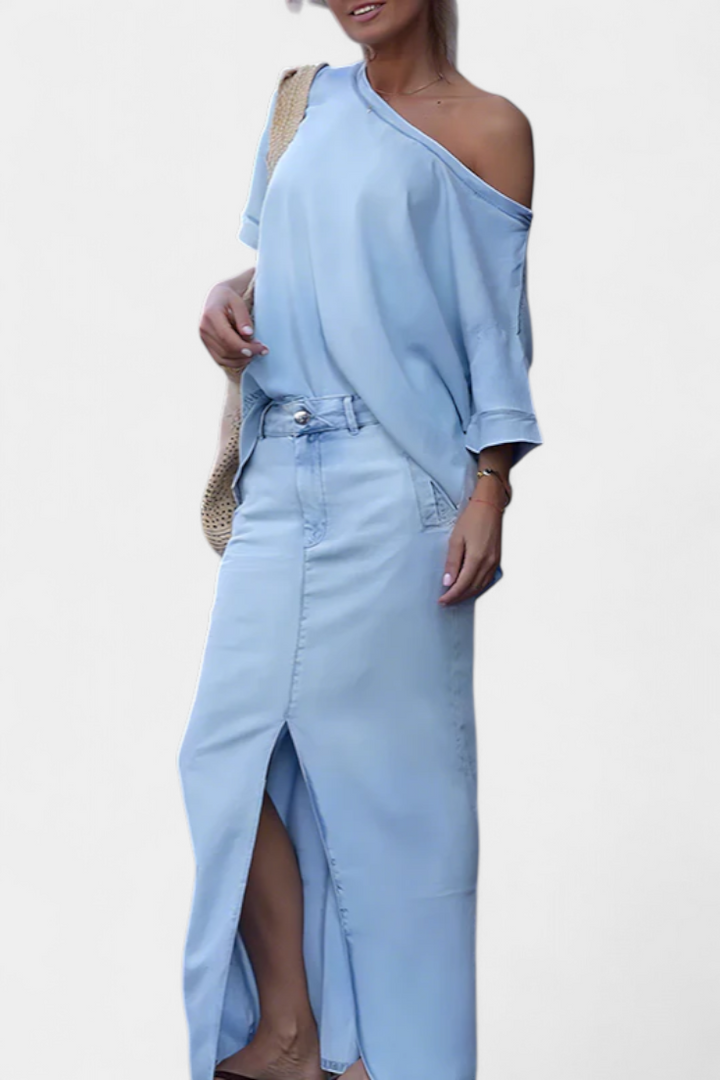Apolonia Asymmetrical Denim Set with Long Skirt