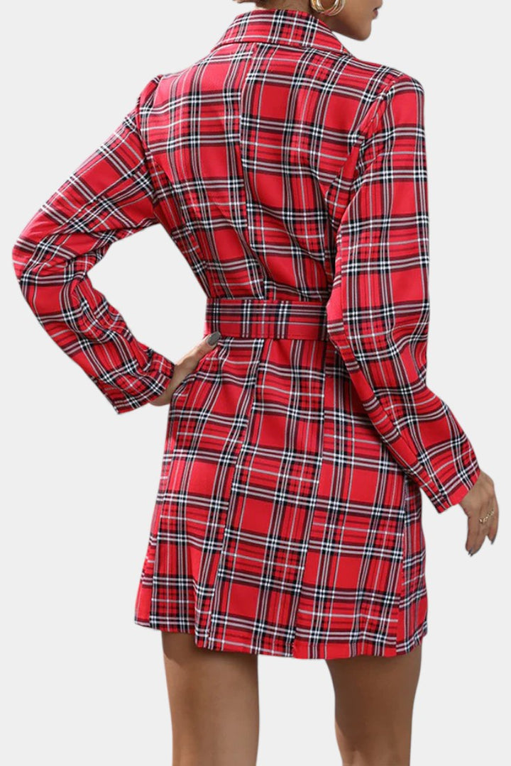Checkered Tailored Dress with Lapels and Belt by Maddy