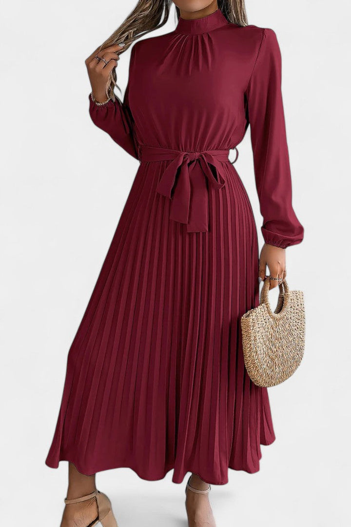 Morgane Pleated Dress featuring a High Ruffled Collar and Tied Waist