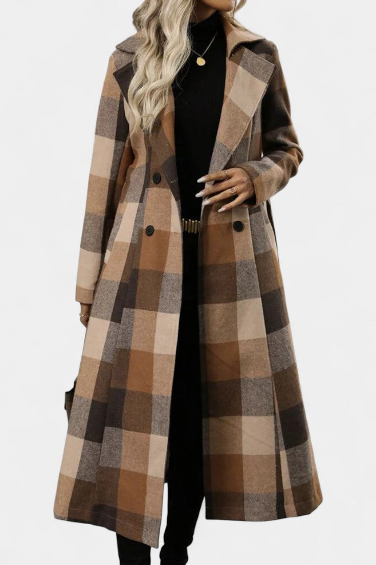 Mélissandre Long Plaid Double-Breasted Coat featuring Notched Collar