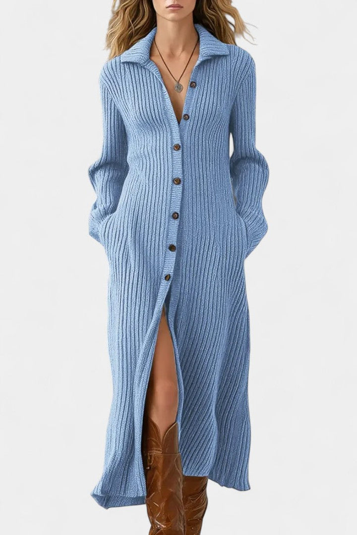 Thea Long Knit Dress Featuring a Classic Shirt Collar