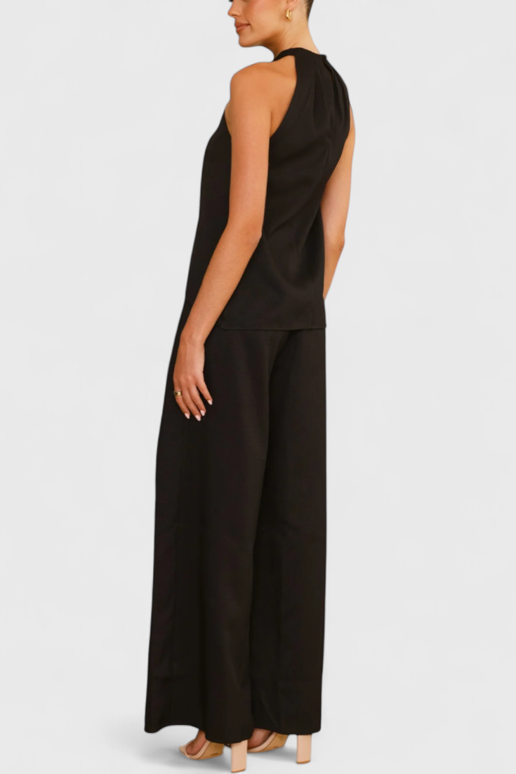 Bernadina Linen Ensemble: Front Neckline Top with Wide Leg Pants