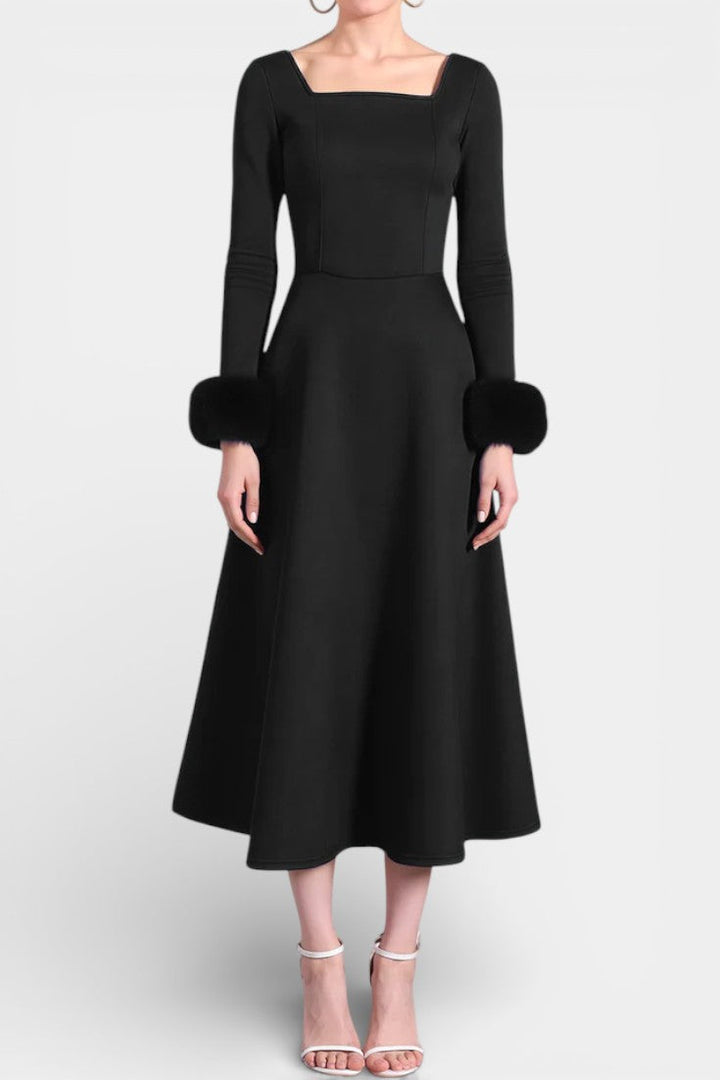 Alicia Square Neck Flared Dress with Patchwork Faux Fur Sleeves