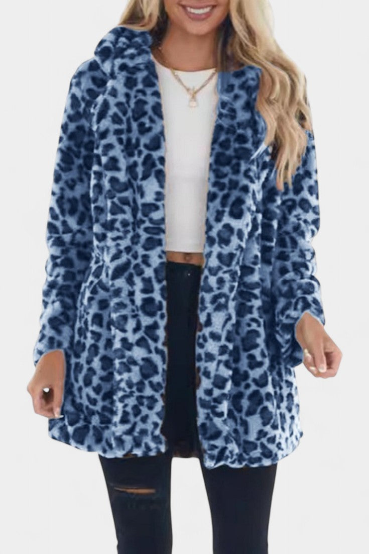 Énola Leopard Print Faux Fur Coat with Pockets - Long Style