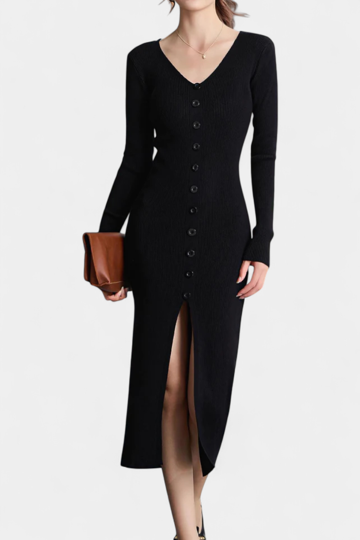 Nadège V-Neck Midi Knitted Dress with Chic Button Details