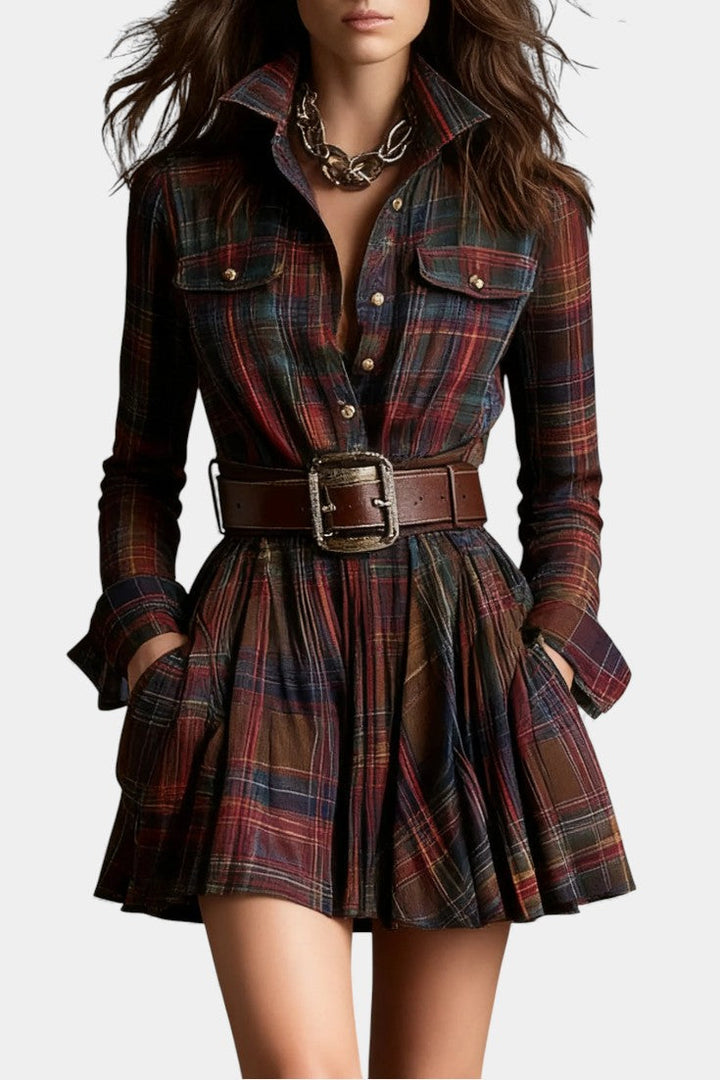 Bogdana Vintage-Inspired Mini Checkered Dress with Belt