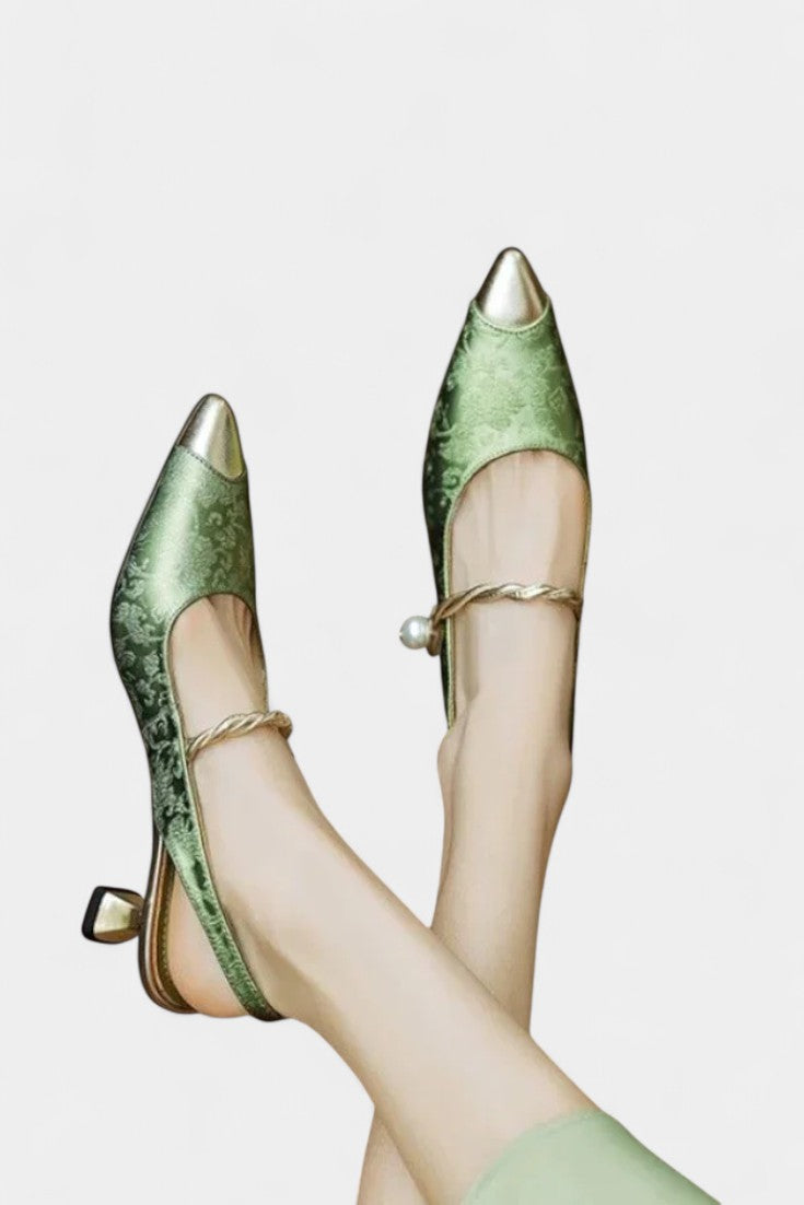 Beaded Strap Molette Mary Janes with Elegant Curved Kitten Heel