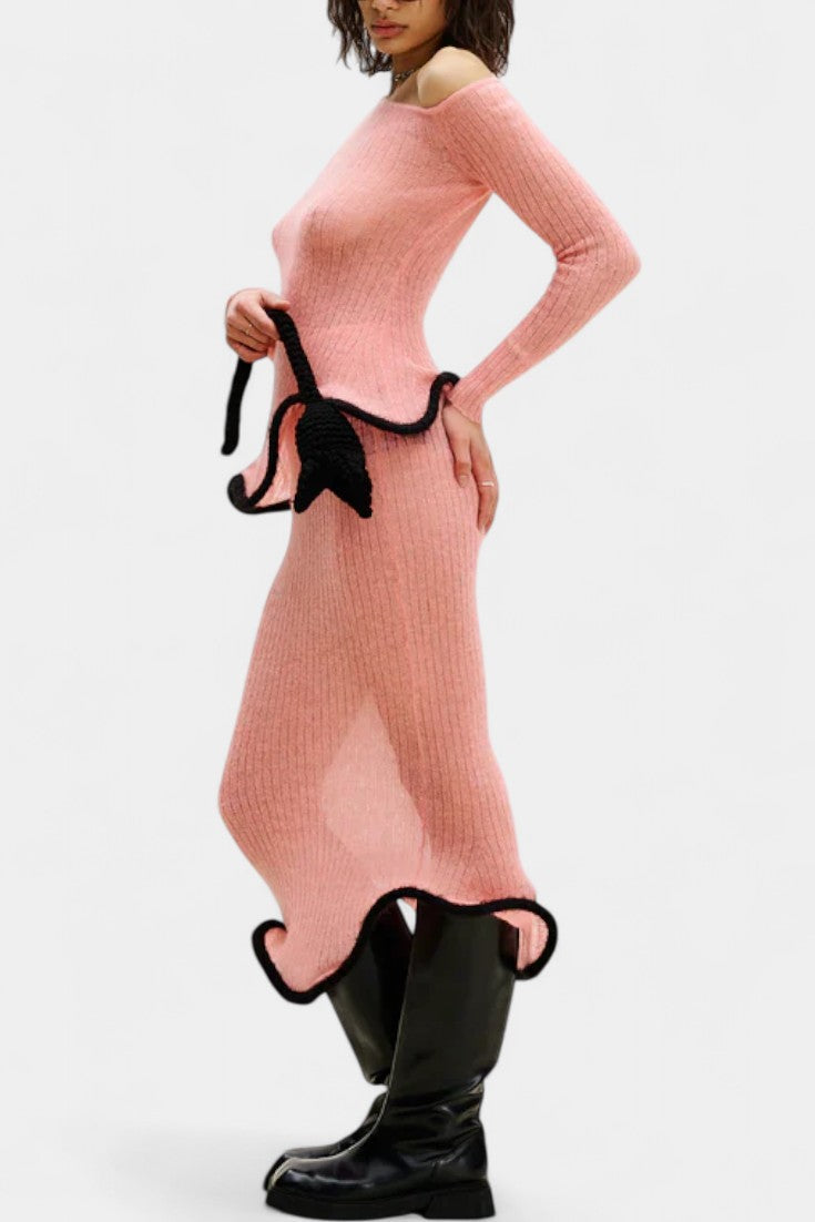 Stormi Asymmetrical Knit Set with Ruffled Trim and Shimmering Midi Skirt