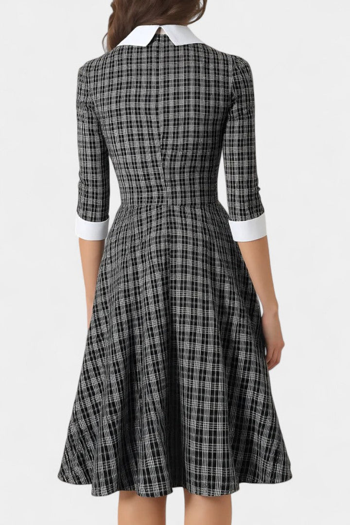Natacha Checkered Midi Dress with Flared Hem, Collar, and Bow Detail