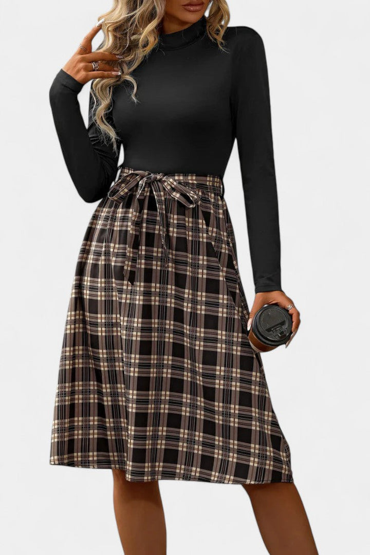 Orlane High-Collar A-Line Dress in Patchwork Check with Long Sleeves