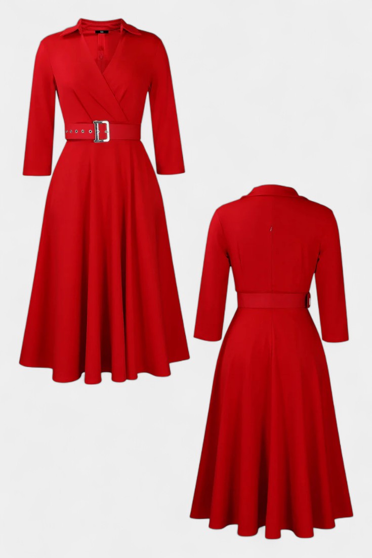 Constance Tailored Collar Midi Dress with 3/4 Sleeves and Belt