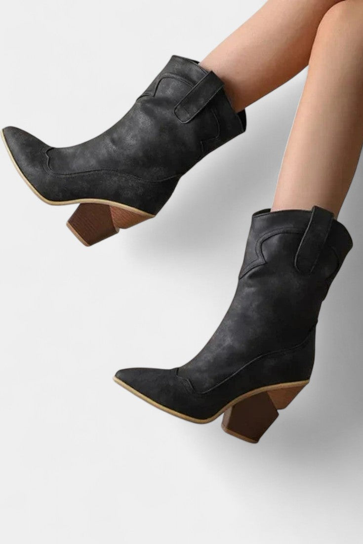 Pointed Toe Soft Leather Western Ankle Boot with Block Heel