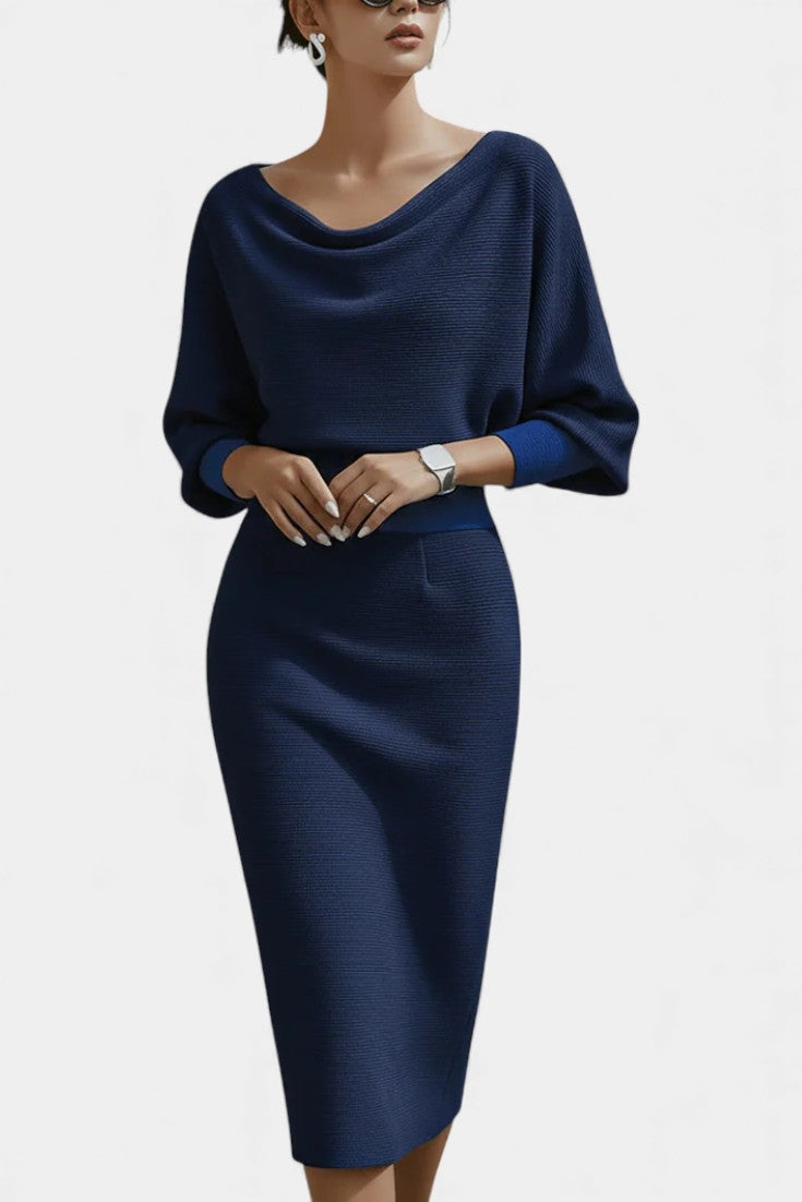 Marjolaine Midi Dress with Batwing Sleeves and Draped Design