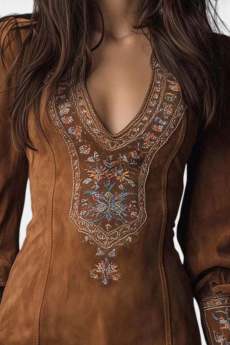 Embroidered Suede Anceline Mini Dress with a Vintage Flair