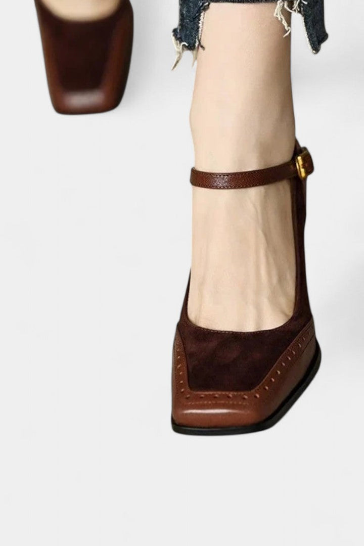 Florence Mary Janes with Square Toe and Chic Brogue Accents